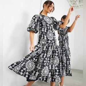ASOS Embroidered Black & White Puff Sleeve Maxi Dress